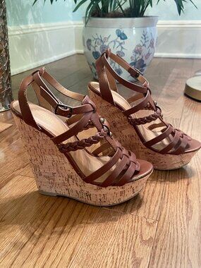 Tan Strappy Cork Heel Platform Wedges size 7